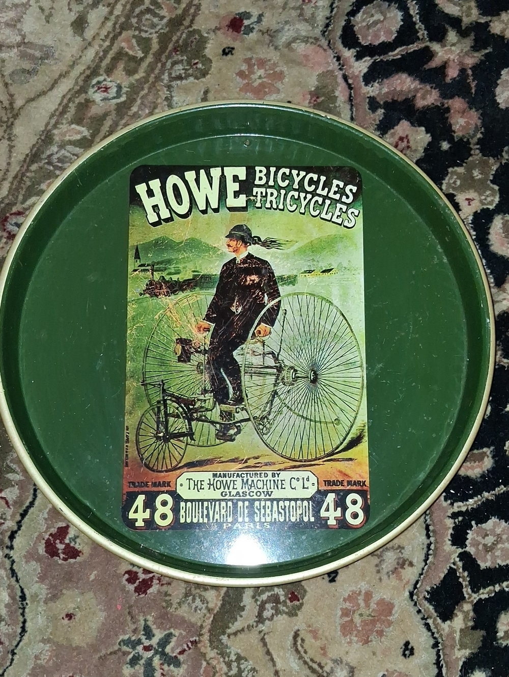 Howe Green Round Metal Tray with Vintage Bicycles Graphic